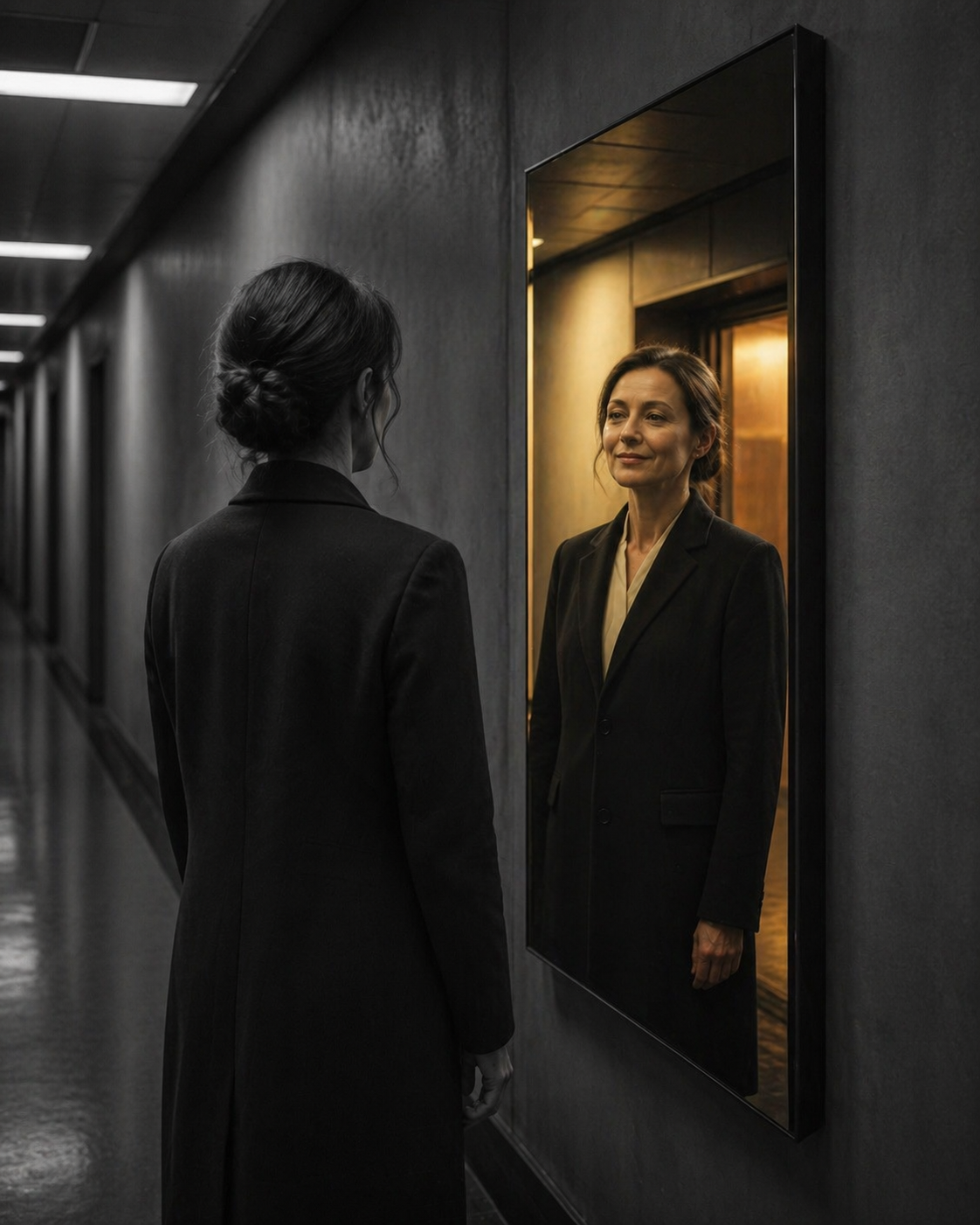 A woman with dark hair styled in a bun, dressed in a black blazer, is looking at her reflection in a mirror on a dark wall in a hallway.