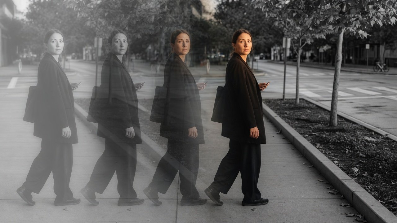 A woman standing on a sidewalk looking at her phone, with a semi-transparent grayscale overlay of her walking behind her.