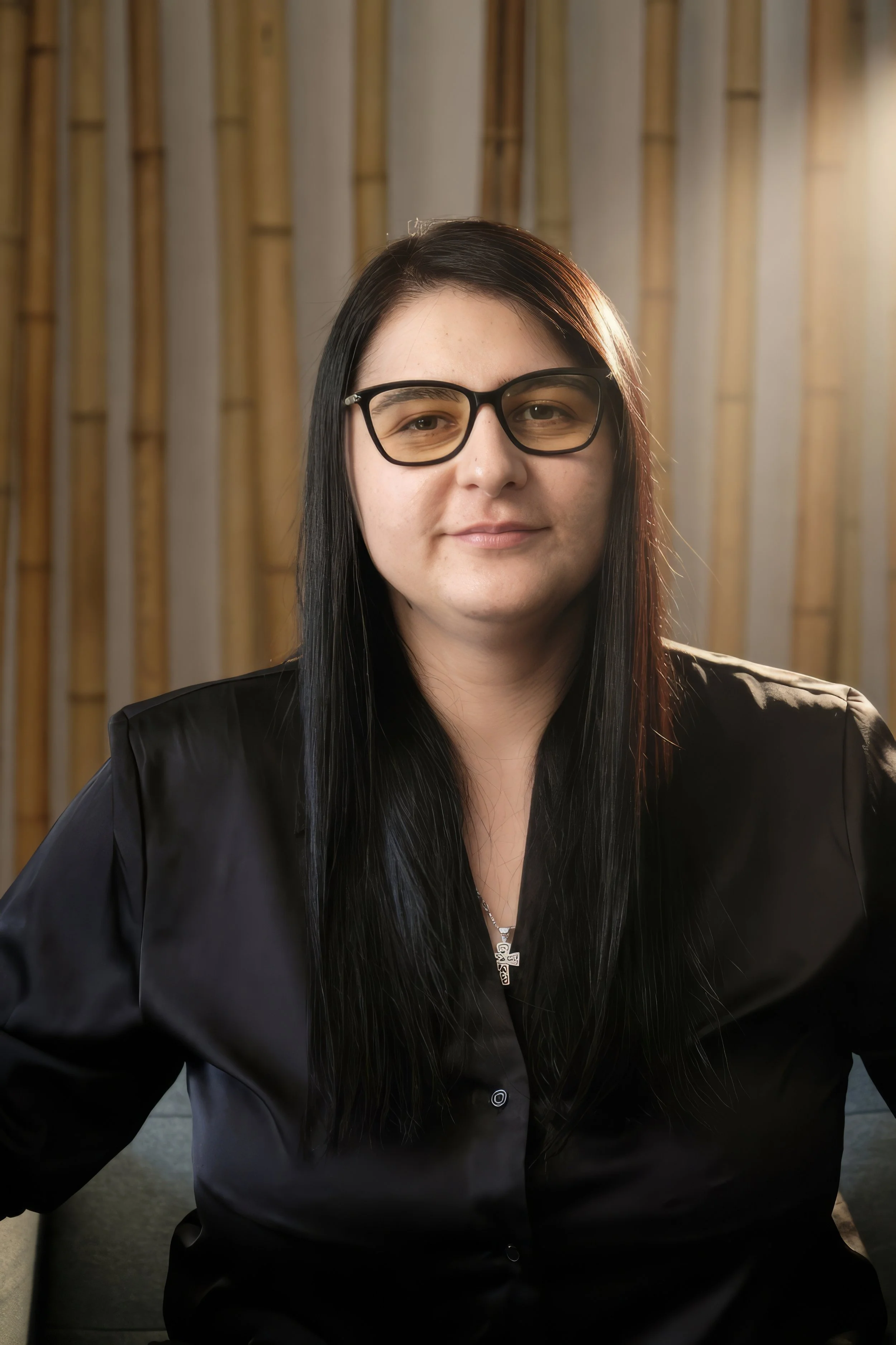 A woman with long black hair and glasses sitting indoors, wearing a black leather jacket, with bamboo background and sunlight coming from the right.