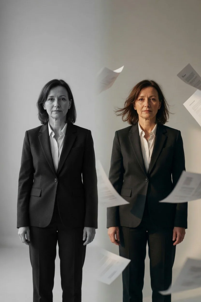 A woman in a black suit and white shirt stands straight with a serious expression while papers fly around her in the air, with a gray background.