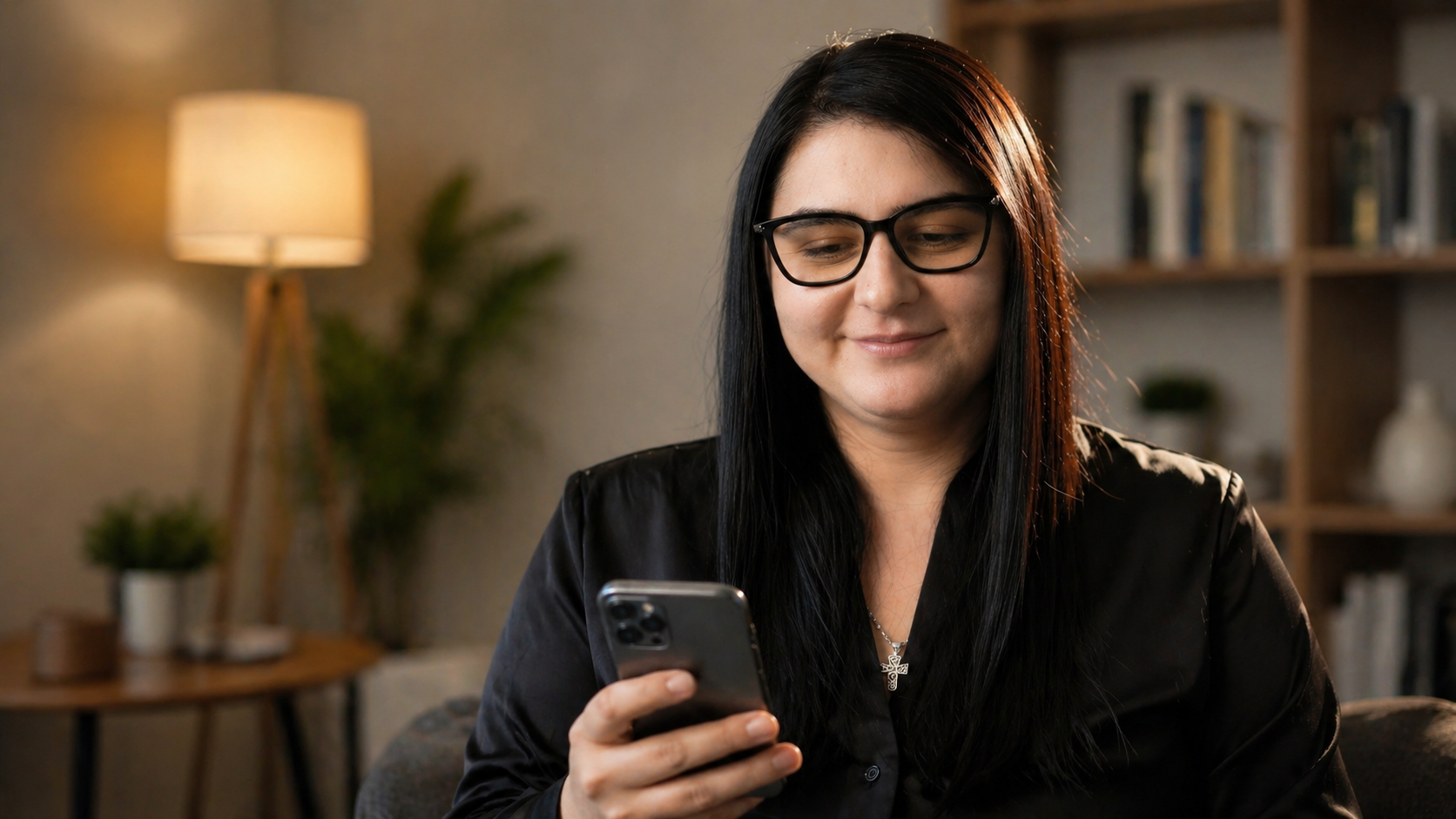 Young woman with black hair and glasses looking at her smartphone in a cozy living room.