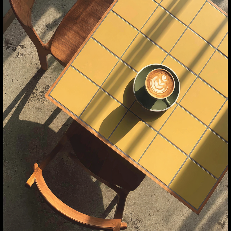 Cup of coffee with latte art on a yellow tiled table in the sun