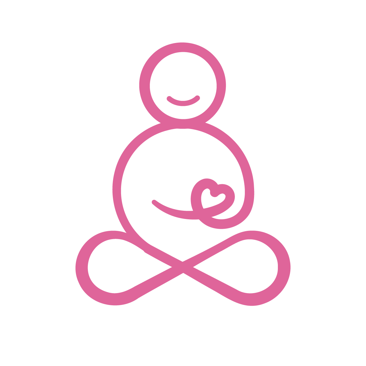 Line drawing of a person sitting cross-legged holding a baby, all outlined in pink.