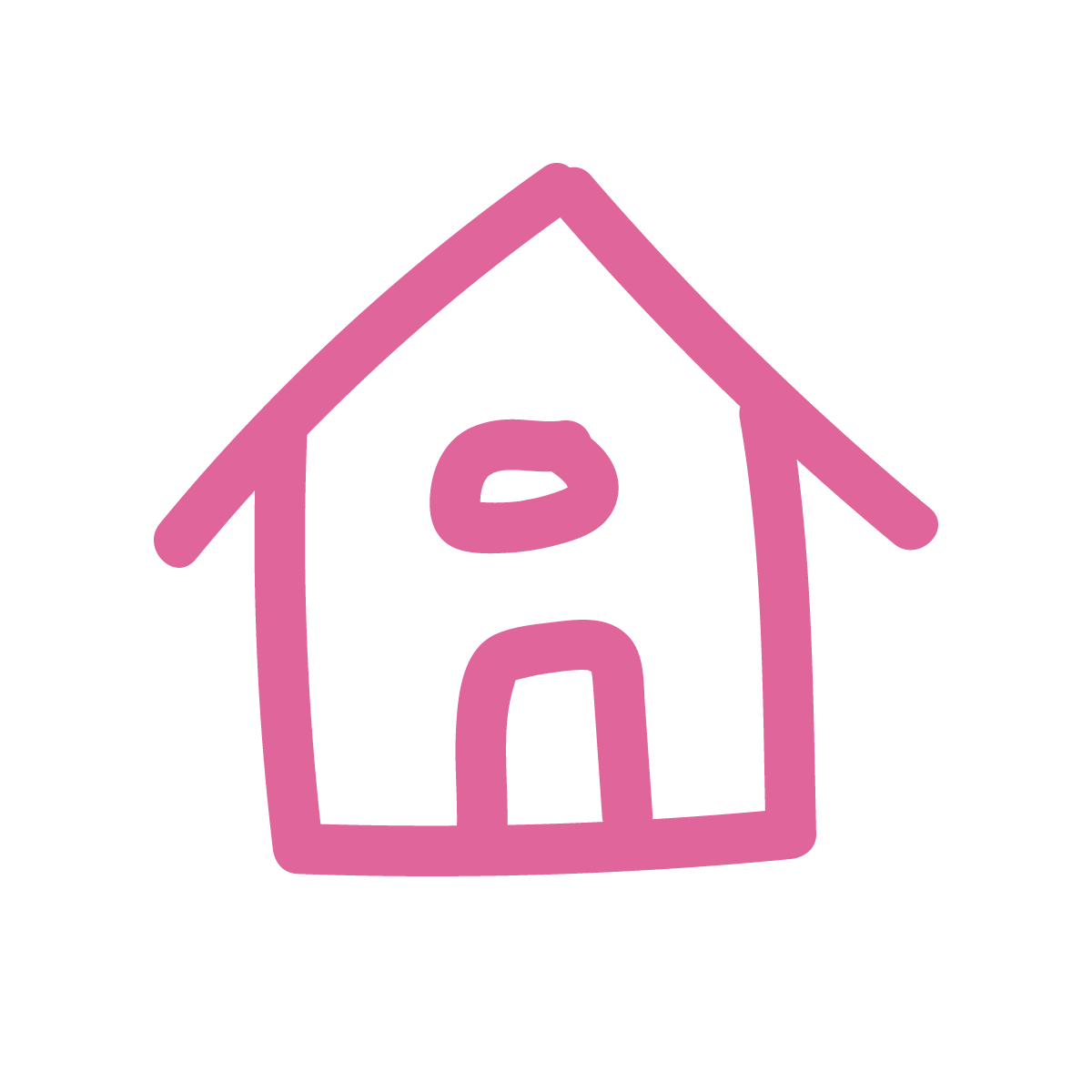 Pink and black drawing of a house, with a triangular roof, a small round window, and a larger door.
