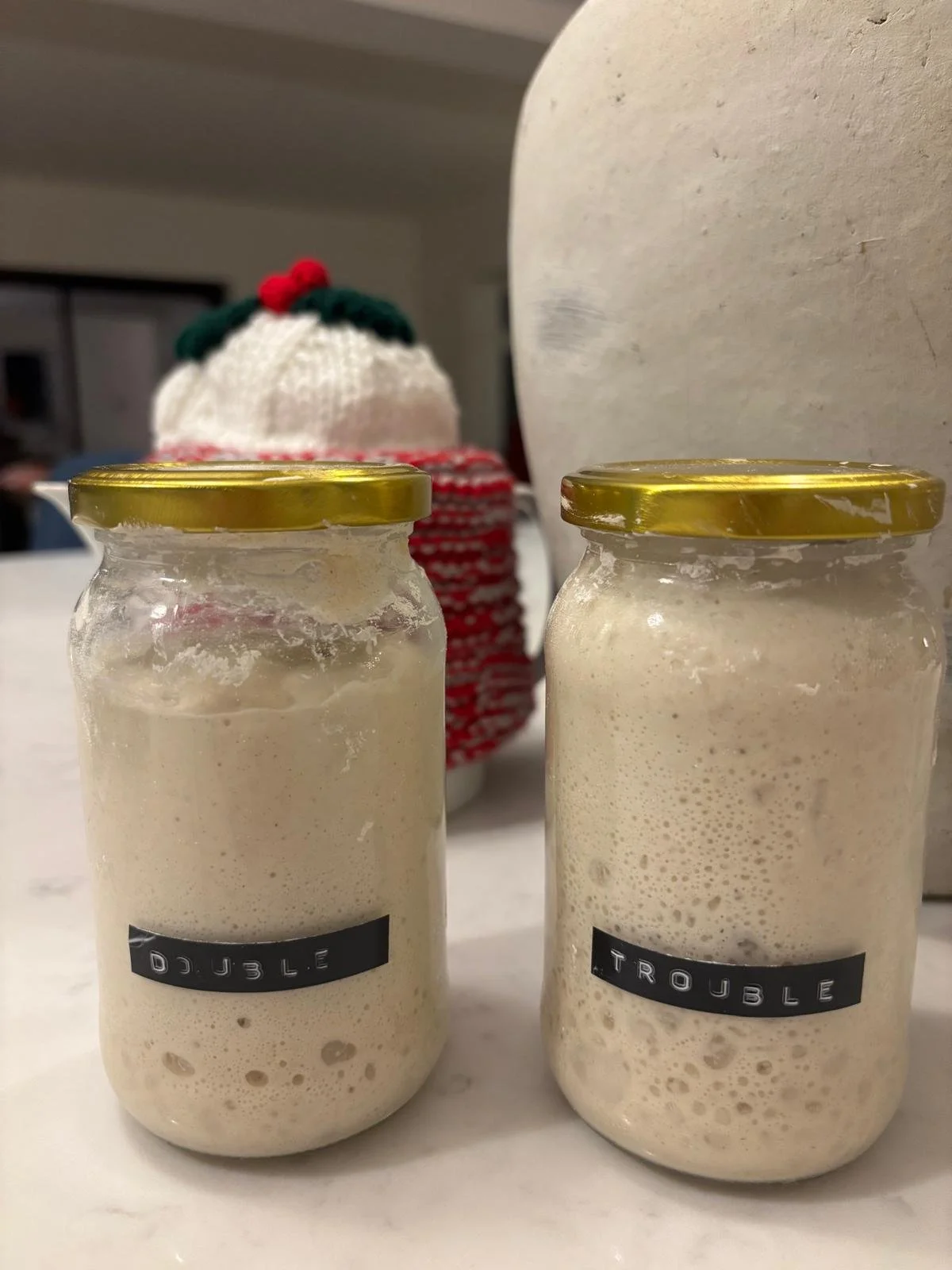 Two glass jars labeled 'DOUBLE' and 'TROUBLE' filled with a creamy, bubbly beverage on a white surface. A fuzzy, snowman-like decoration with a green hat and red accents is in the background.