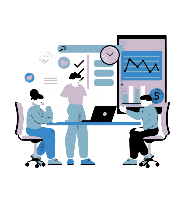 Illustration of three people in a business meeting around a table, with charts, graphs, and icons depicting data analysis and financial growth on a screen behind them.