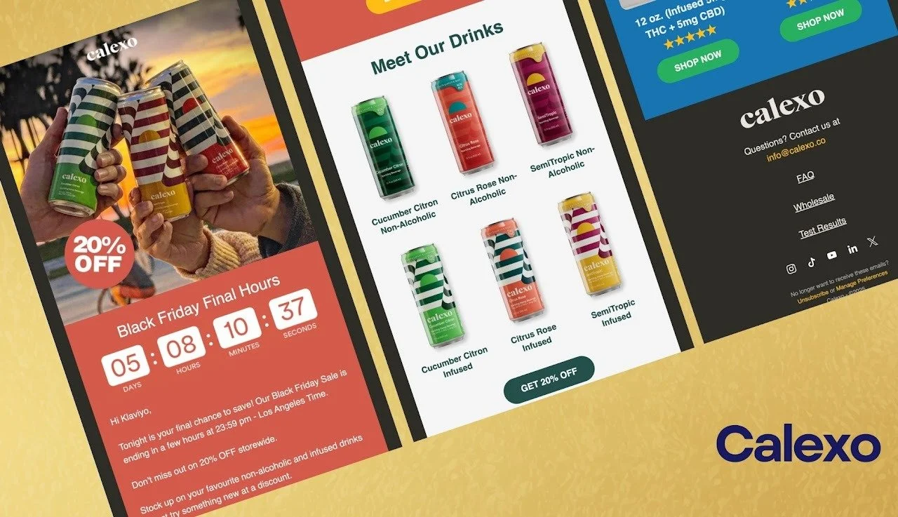 Image showcasing Calexo drinks, promoting a Black Friday sale with a countdown timer, various non-alcoholic and infused drink cans, and contact information for the company.