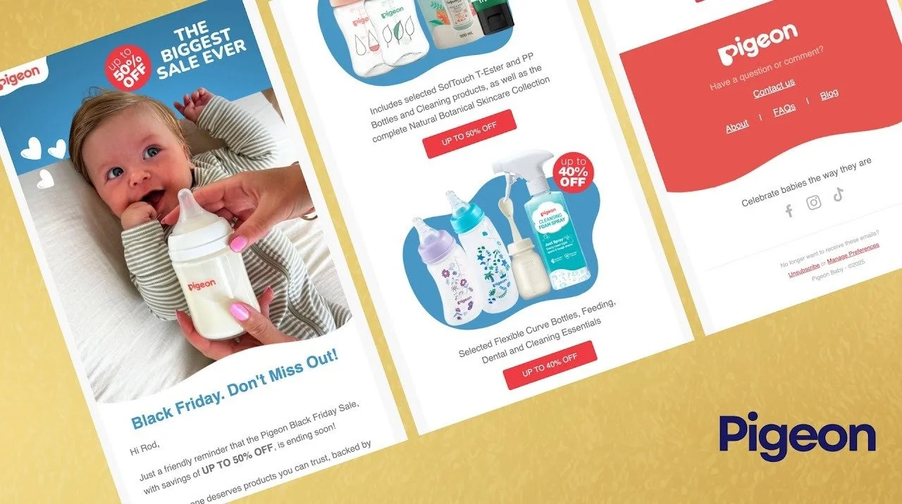 Pigeon baby bottle advertisement with a smiling baby lying down, holding a baby bottle, and the text highlights a Black Friday sale with discounts up to 50% and 40% on various baby products.