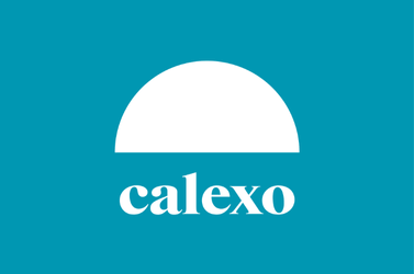 Calexo logo with a teal background, white semicircle, and the word 'calexo' in lowercase blue letters.