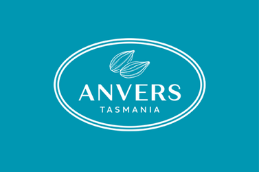 Logo of Anvers Tasmania featuring a stylized leaf above the company name within an oval outline on a teal background.