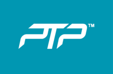 Logo with white stylized letters 'PTP' on a blue background.