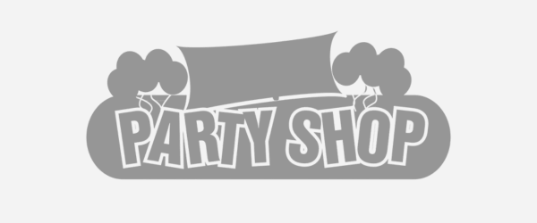 A logo for a Party Shop featuring balloons, a party hat, and stylized text.