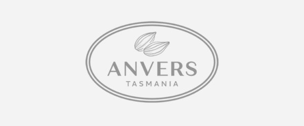 Logo with two almonds and text 'ANVERS TASMANIA' inside an oval shape