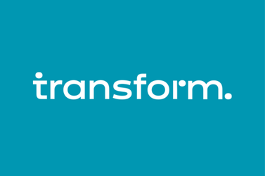Blue background with white text that says 'transform.'