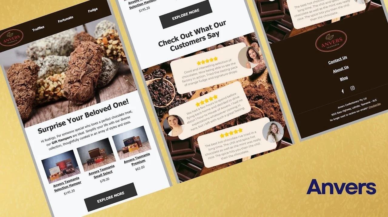 A collage of three screens displaying a chocolate and confectionery company's website, featuring images of chocolates, customer reviews, and contact information. The website's branding 'Anvers Tasmania' is visible along with product options and prices.