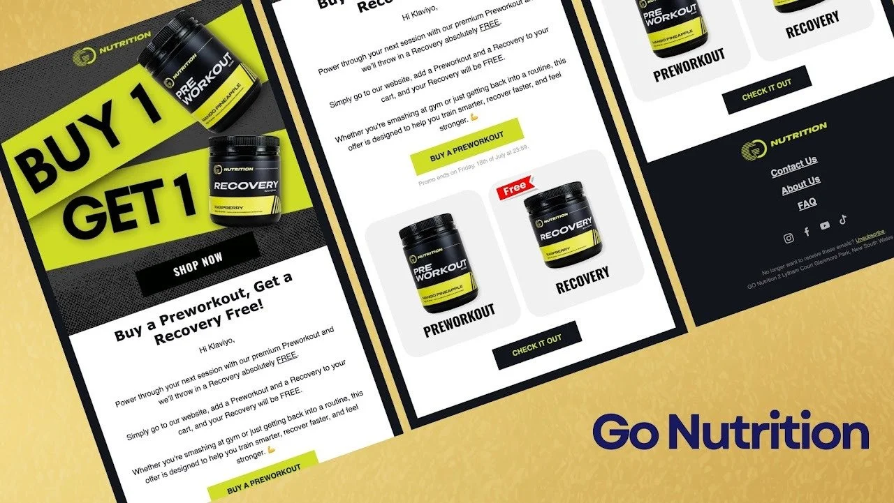 Promotional graphic advertising a buy one get one free offer on nutrition pre-workout and recovery supplements, with images of supplement containers and website sections.