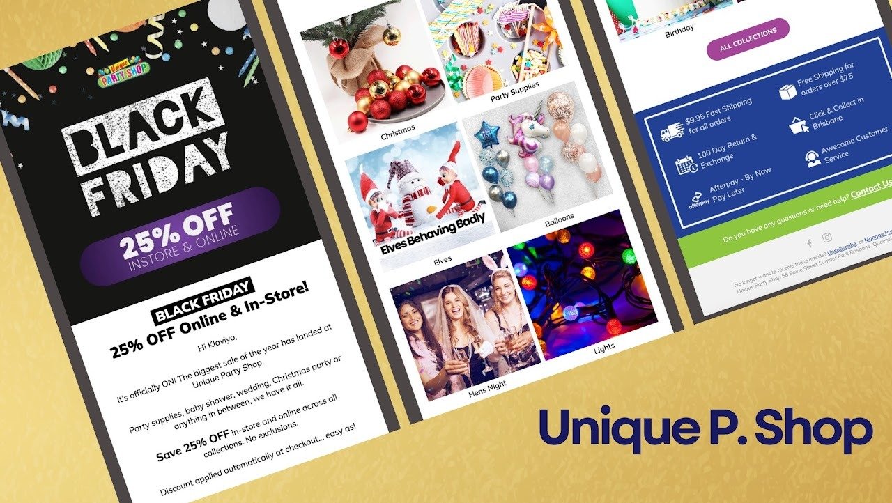Screenshots of a Black Friday sale flyer and online shopping website for a party supplies store called Unique P. Shop. The flyer offers 25% off online and in-store, with sections showing Christmas, party supplies, elves, balloons, hens night, and lights.