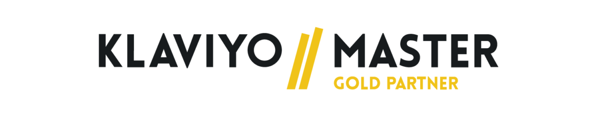 Klaviyo Master Gold Partner logo with black, yellow, and gray text and graphic elements.