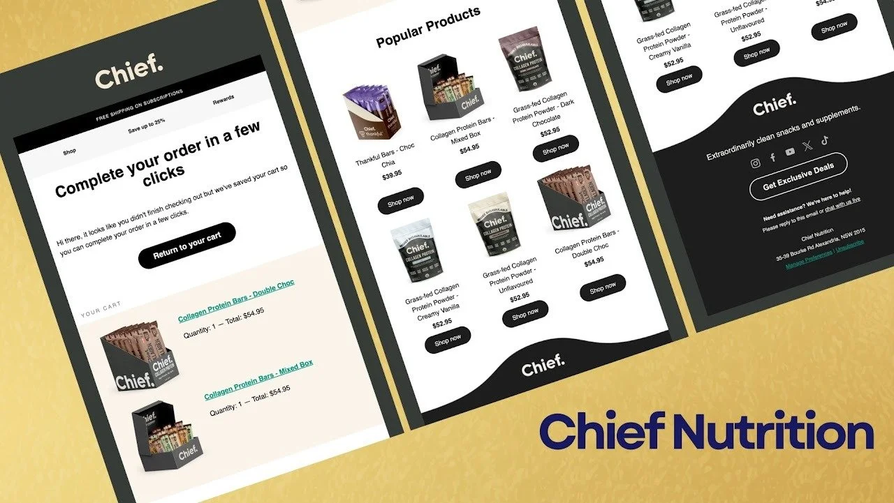 Screenshots of Chief Nutrition's website displaying popular products, shopping cart, and subscription information with product images and 'Shop Now' buttons.