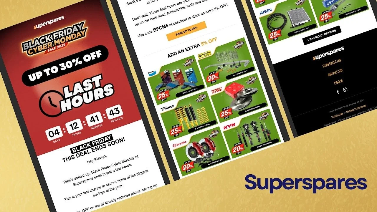 Digital advertising flyers for Superpares during Black Friday Cyber Monday sale 2025, indicating up to 30% off, with a countdown timer showing 4 days, 12 hours, 41 minutes, and 43 seconds remaining, and featuring various discounted products like tools, auto parts, and accessories.