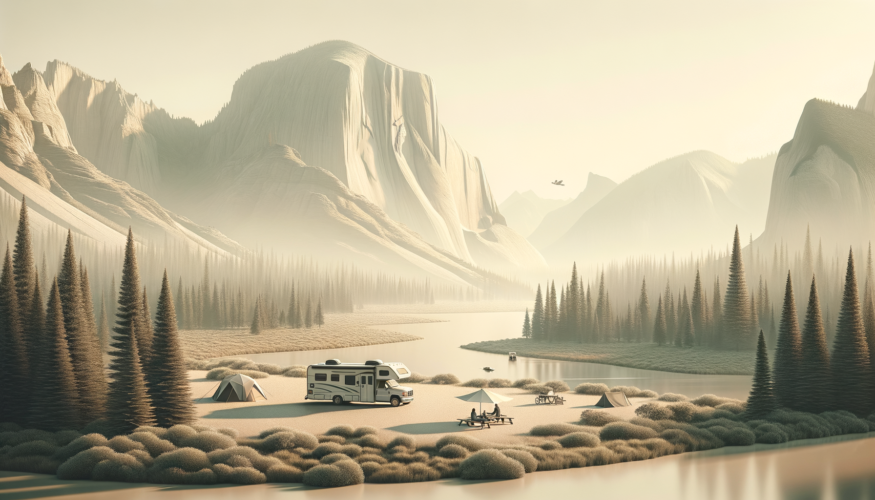 Camping scene near a river with tents, an RV, picnic table, and people, surrounded by pine trees and mountains in the background at sunset.