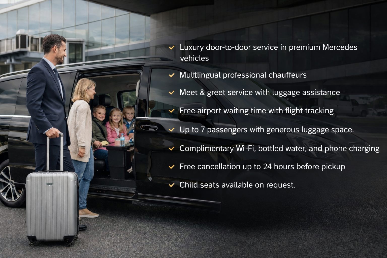 A family with four children getting into a black luxury van at an airport, with a man dragging a silver suitcase and a woman standing next to children sitting inside the vehicle, alongside a list of chauffeur services overlaid on the image.