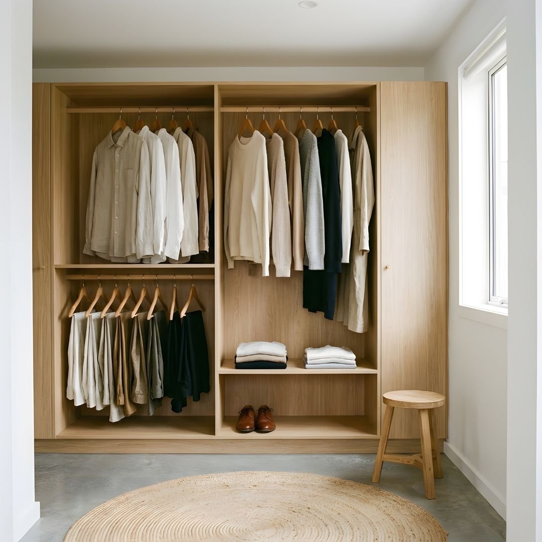 Farbe für Kleidung: geordneter Kleiderschrank mit stimmigen Farbkombinationen und klarer Struktur.