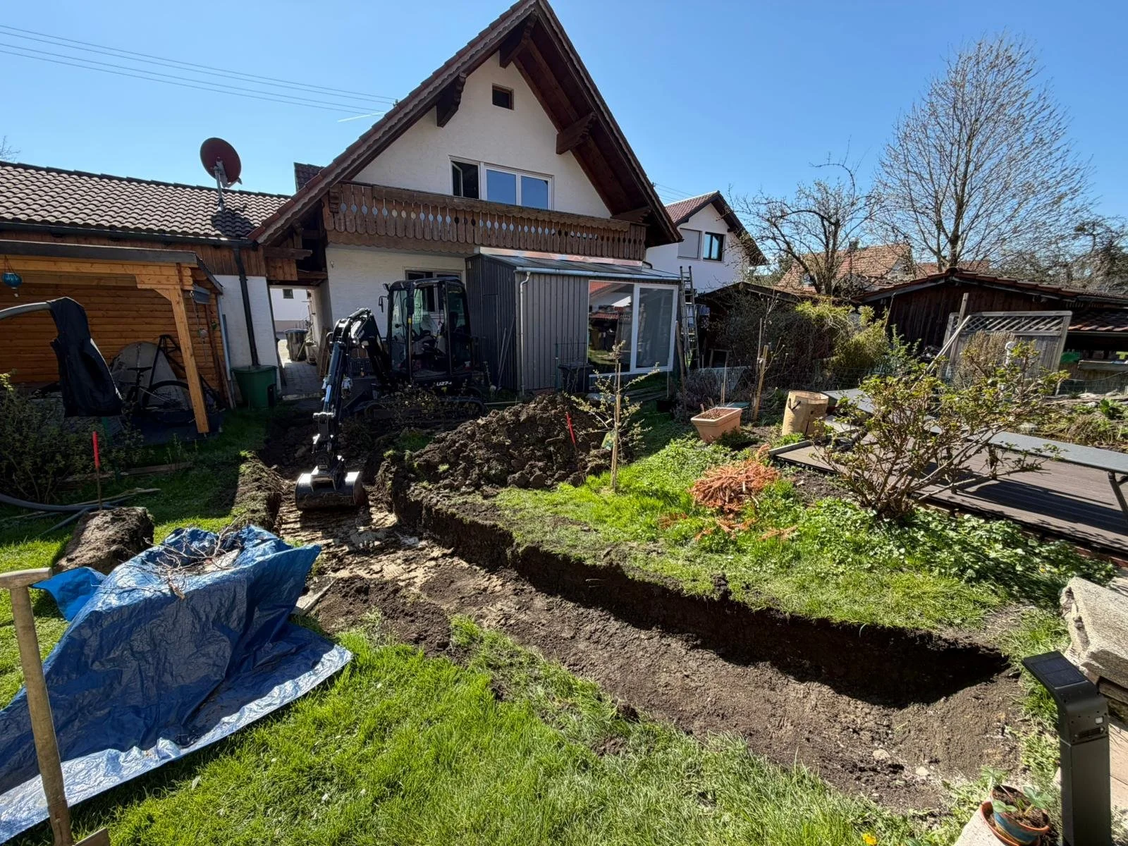 Garten im Umbau mit Bagger, Erde umgraben, Pflanzen und Gartenmöbel, Haus im Hintergrund, sonniges Wetter.