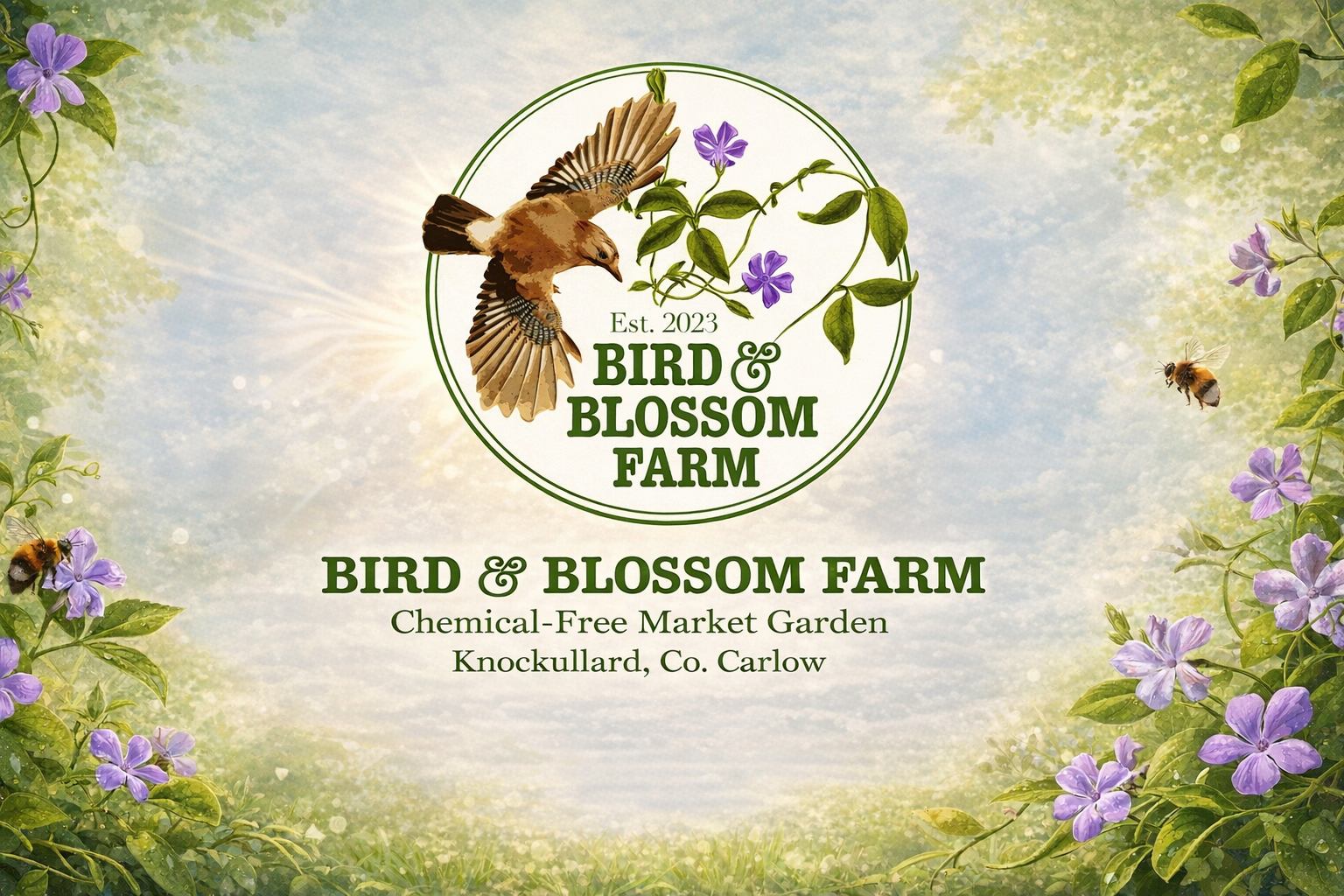 Logo for Bird & Blossom Farm featuring a bird flying among purple blossoms with the farm's name and information about its location and focus on being a chemical-free market garden.