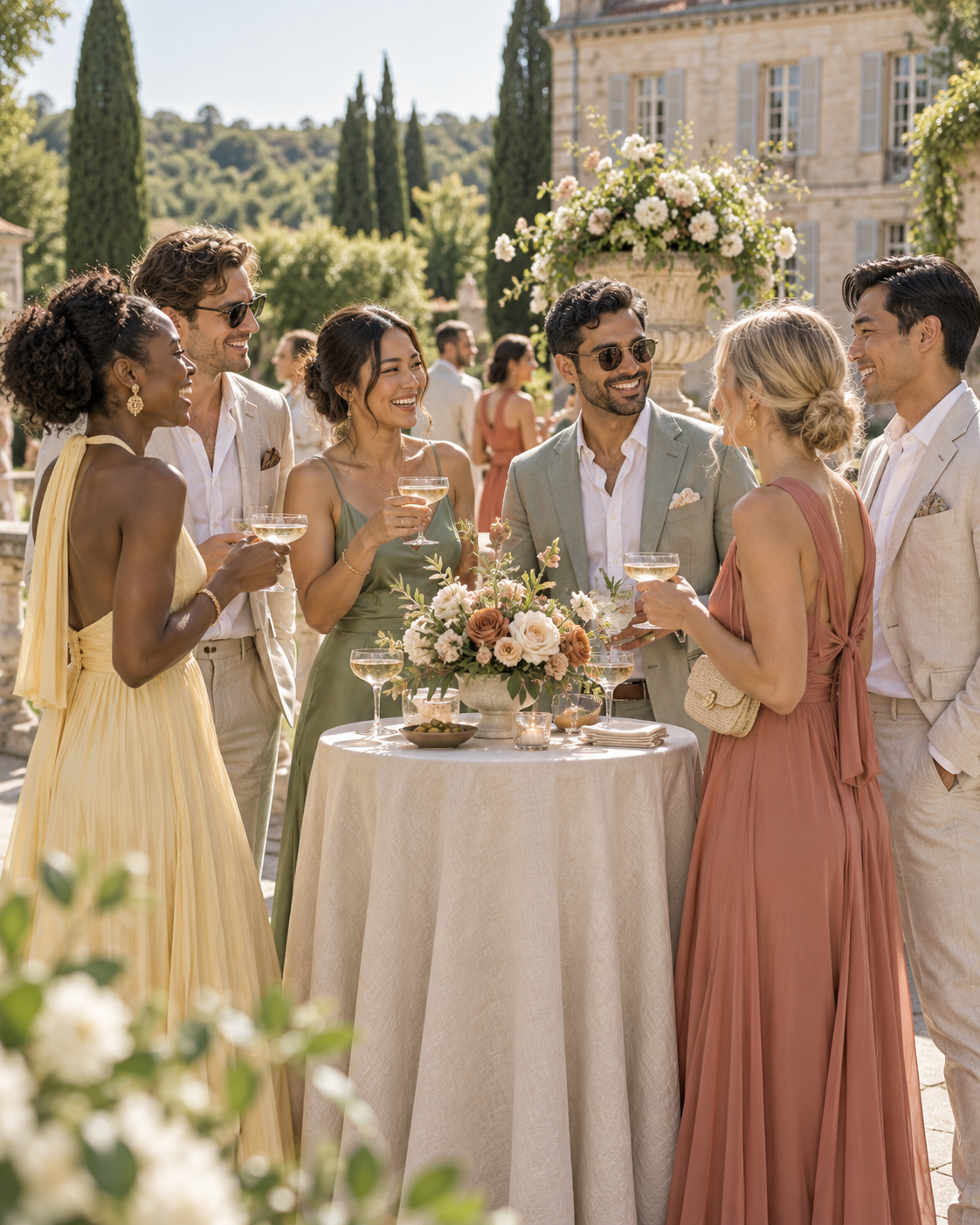 Invités en crème, jaune, sauge et rose
