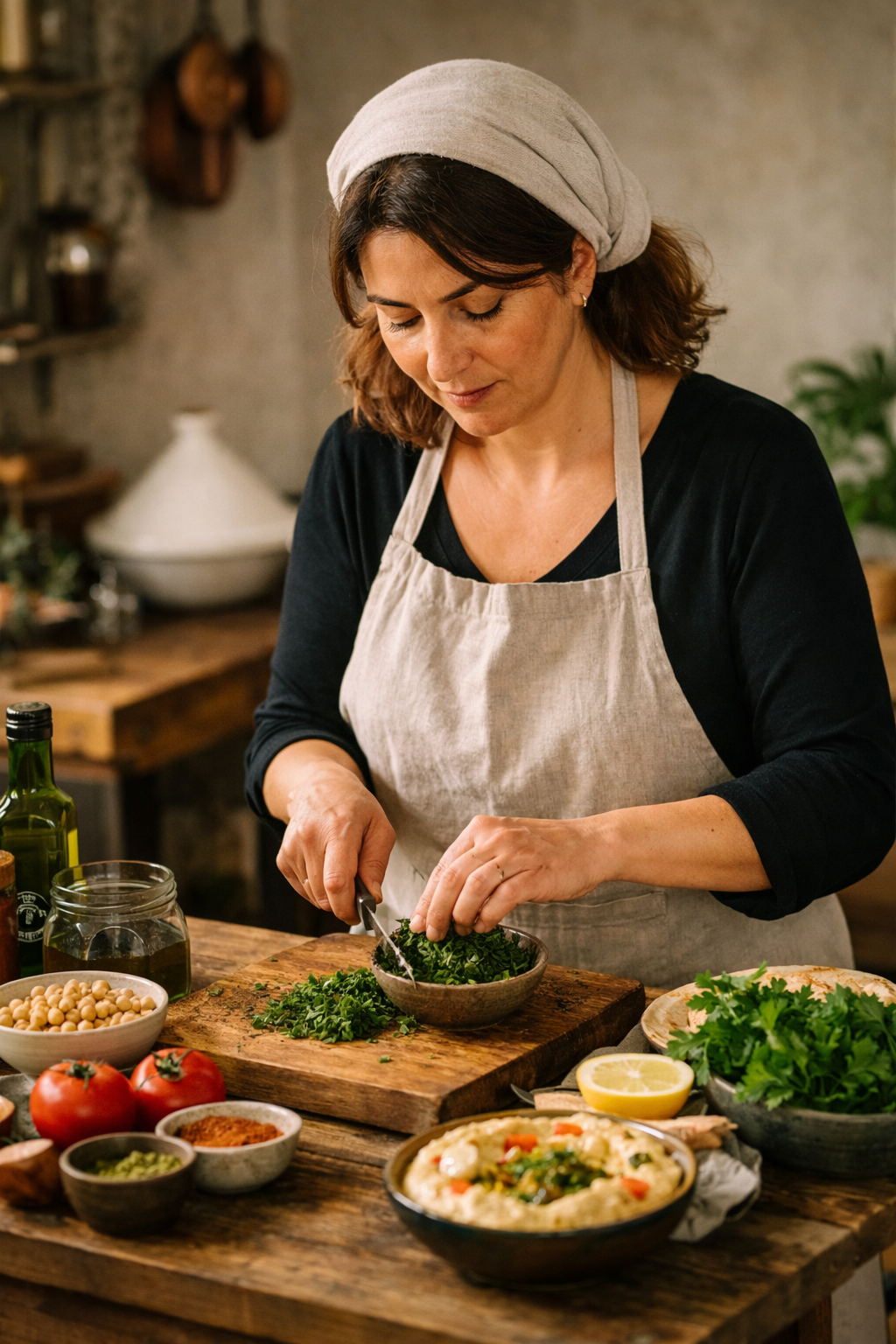 Iman animant un atelier de cuisine végétarienne libanaise à Strasbourg, présentant des recettes traditionnelles libanaises à base d’ingrédients frais lors d’un cours de cuisine libanaise végétarienne au sein d’Aurâme.