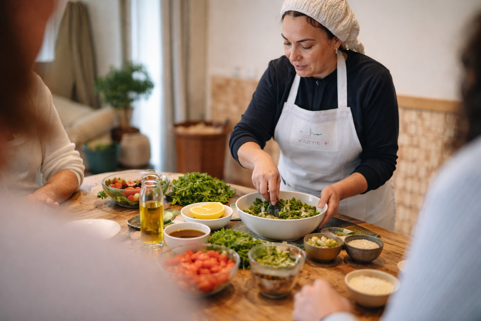 Atelier de cuisine végétarienne libanaise à Strasbourg, participants partageant un repas convivial autour de plats traditionnels du Levant
