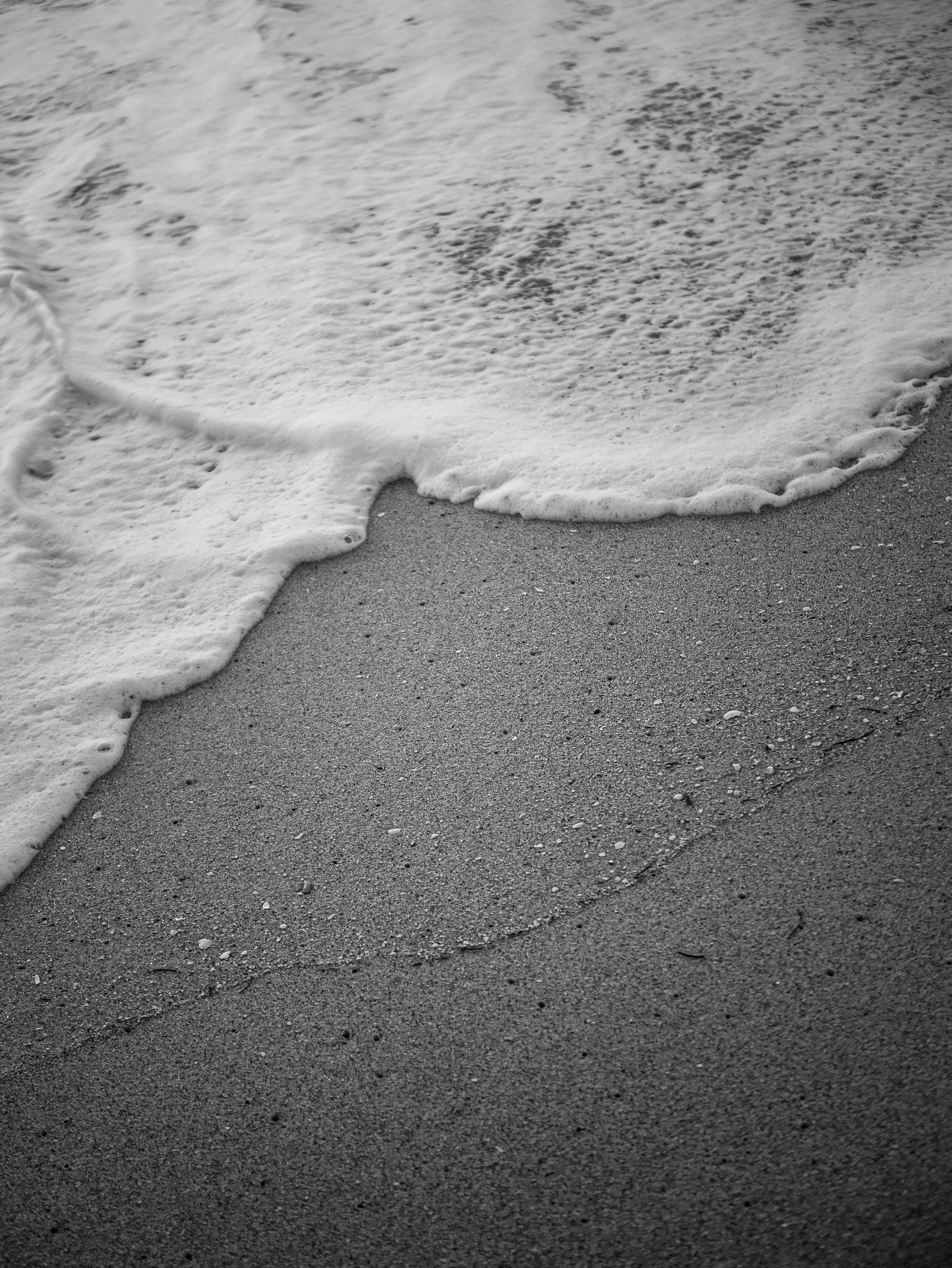 Close-up of ocean foam on sandy beach with gentle waves.