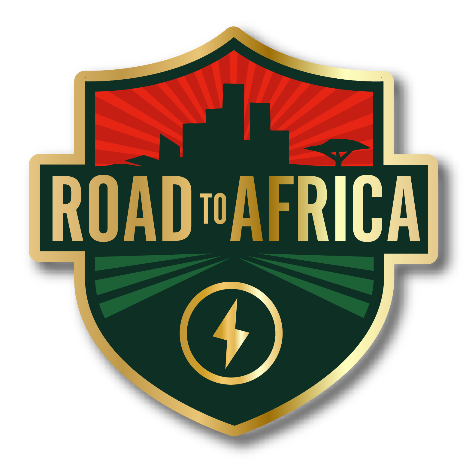 Road to Africa emblem with a city skyline, a sunburst background, and a tree silhouette, with a lightning bolt symbol.