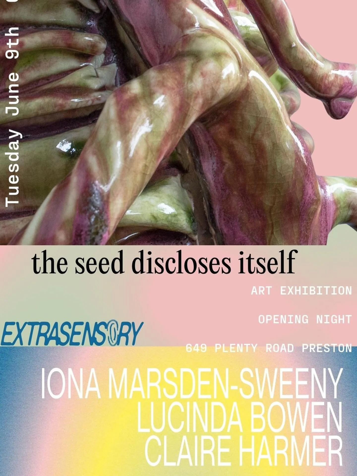 June 9th! 6:30-8pm Exhibition opening for &ldquo;the seed discloses itself&rdquo; Ceramics and Textiles by @claireharmer_  on show for a week @exs_space FREE register at our humanitix at Linkinbio or just show up