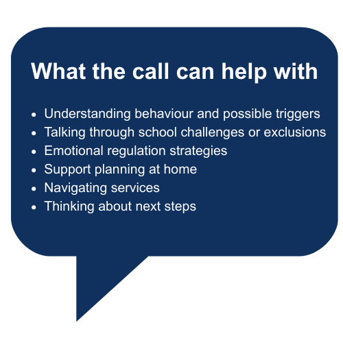 Blue speech bubble with white text listing ways a JBK SEN Parent support call can help children and families, including understanding behaviour, talking through challenges, emotional regulation, support planning, navigating services, and next steps.