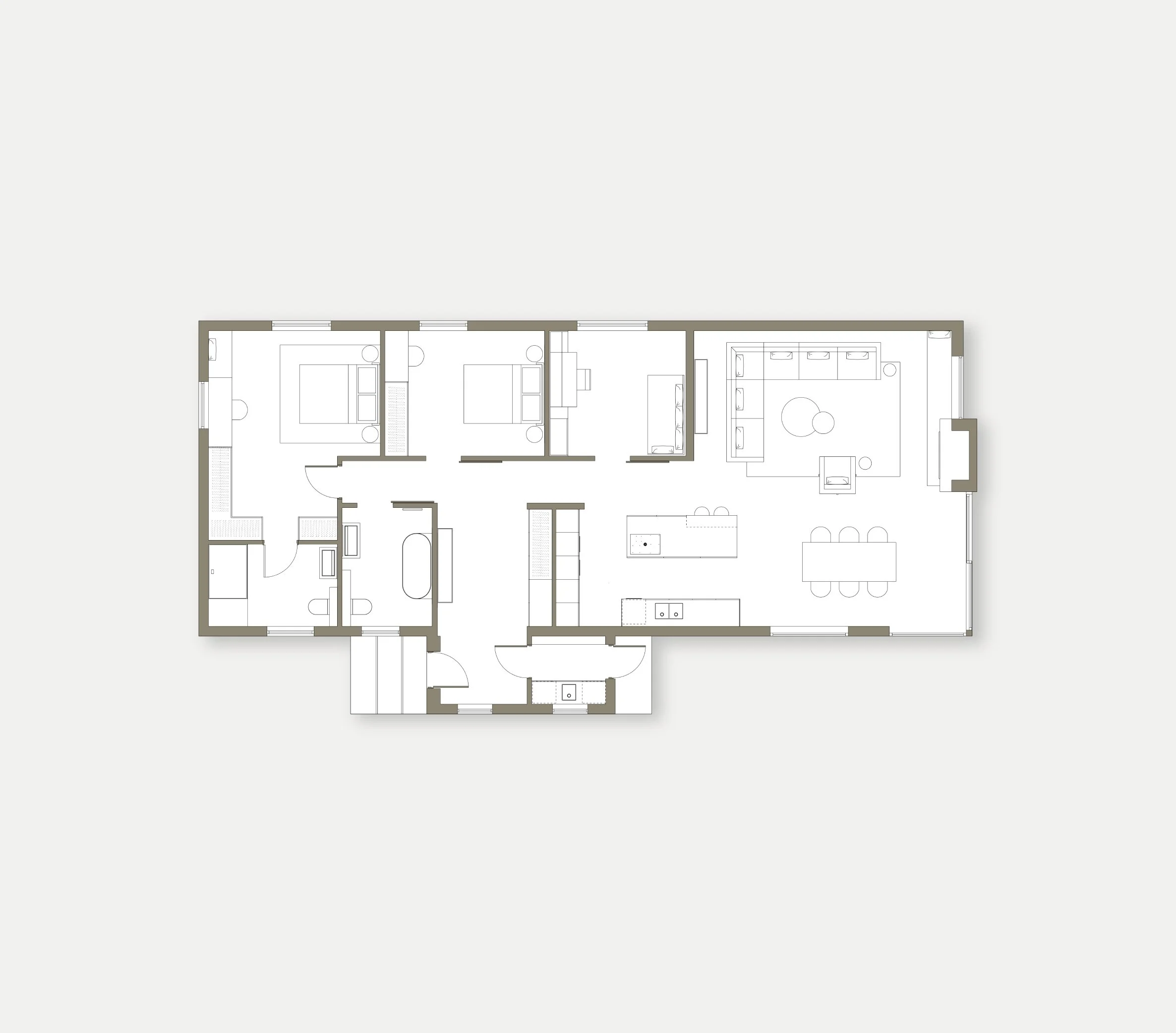 Floor plan of a single-story house with bedrooms, bathrooms, kitchen, living room, and dining area.