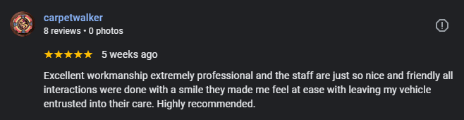 Screenshot of a customer review for Carpetwalker, praising their professionalism and friendly staff.