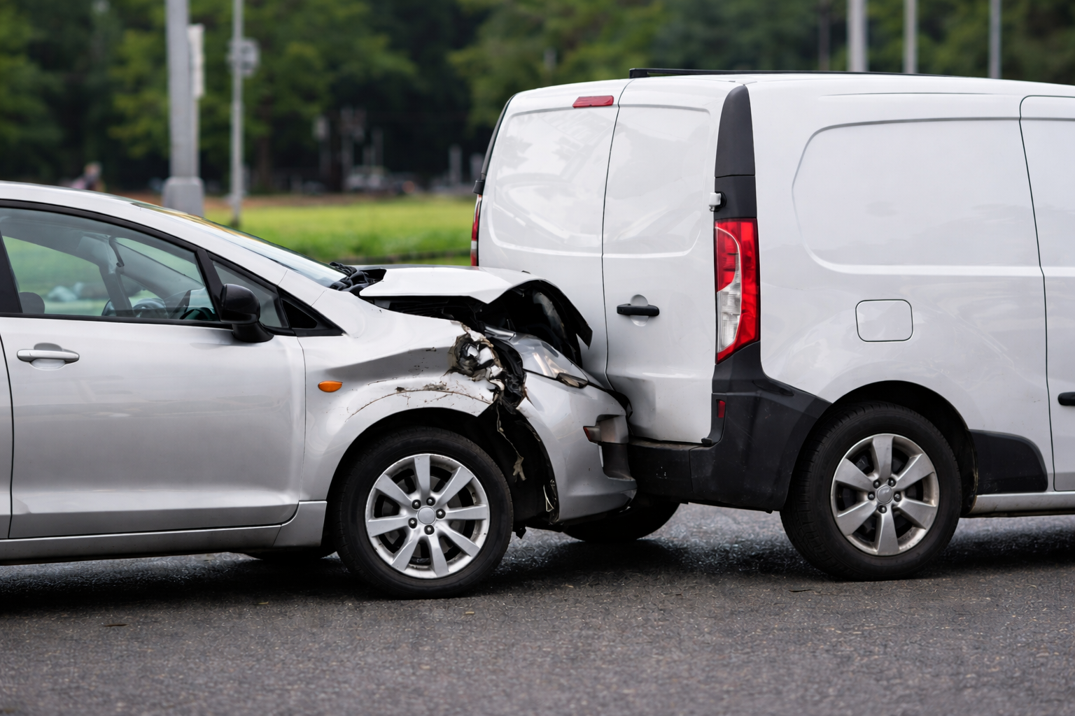 Rear end non fault accident involving a car and a van. The car has hit the van from behind causing extensive damage