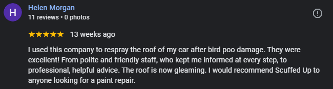 Screenshot of a positive online review by Helen Morgan praising a roofing company for repairing her roof after bird poop damage, mentioning professional staff and quality service.