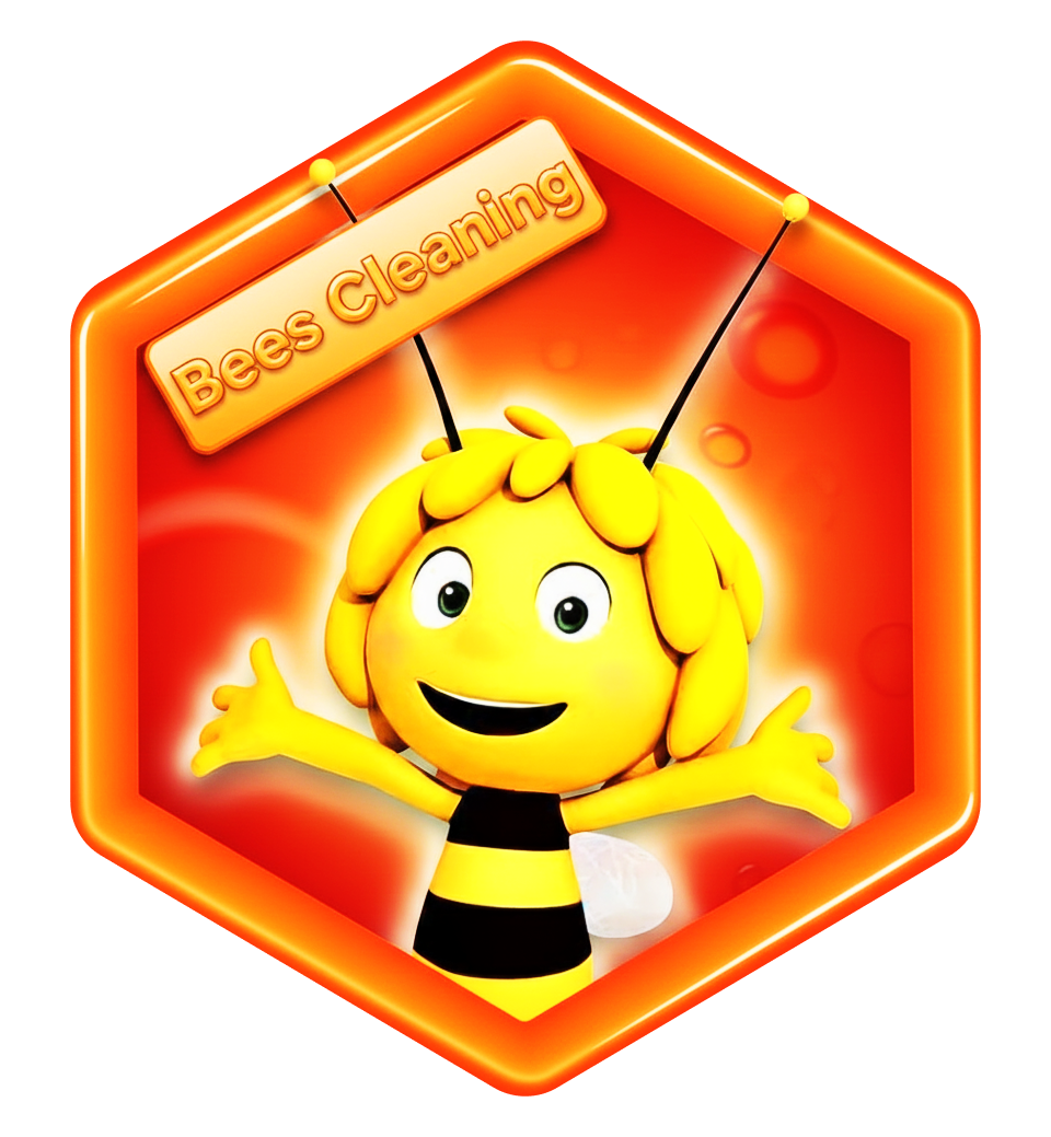 Cartoon bee character with yellow and black striped body, wings, and antennae, inside a glowing hexagonal frame, with a sign that reads 'Bees Cleaning.'