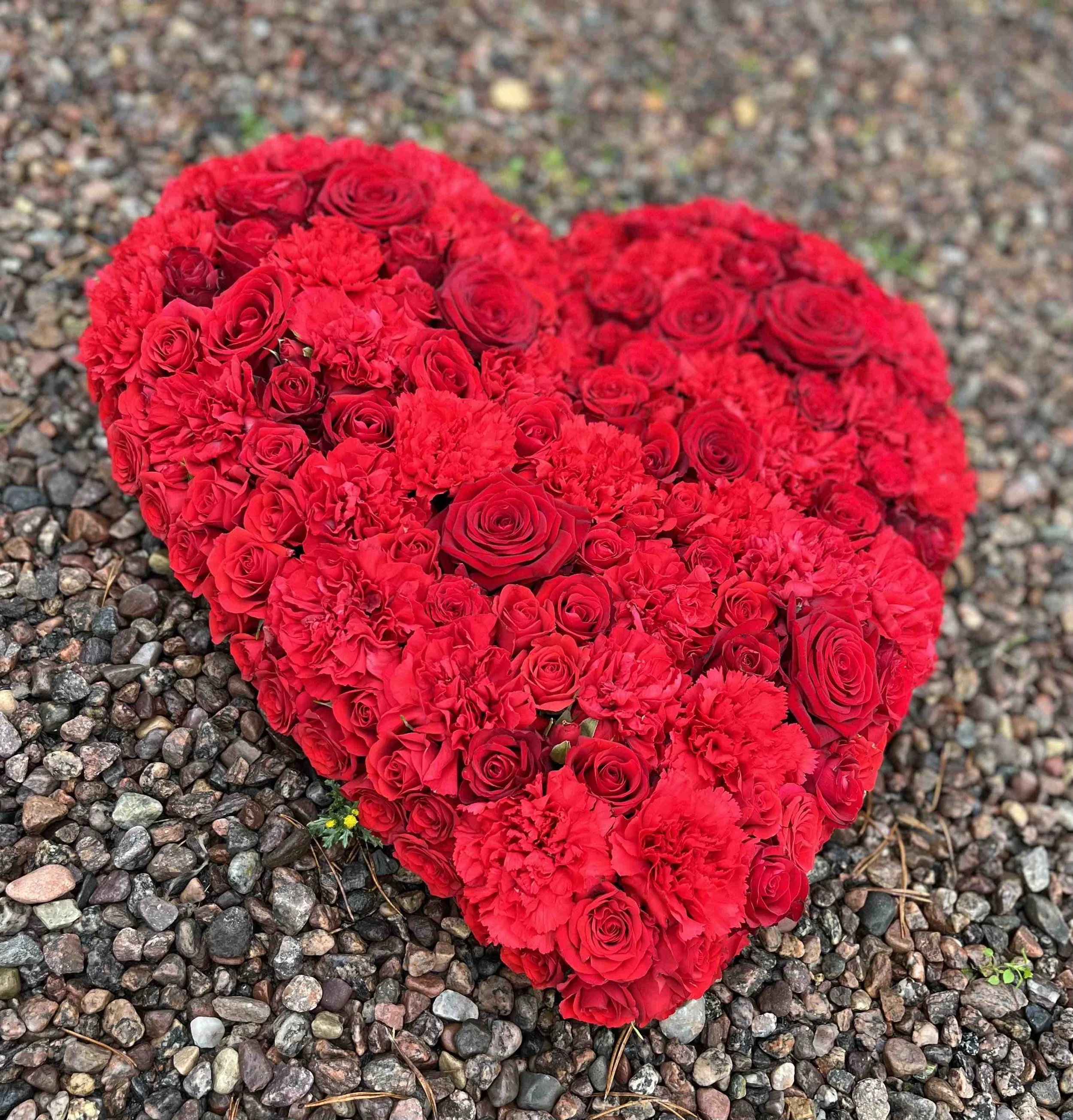 En hjärtformat dekoration av röda rosor och nejlikor. För begravning.