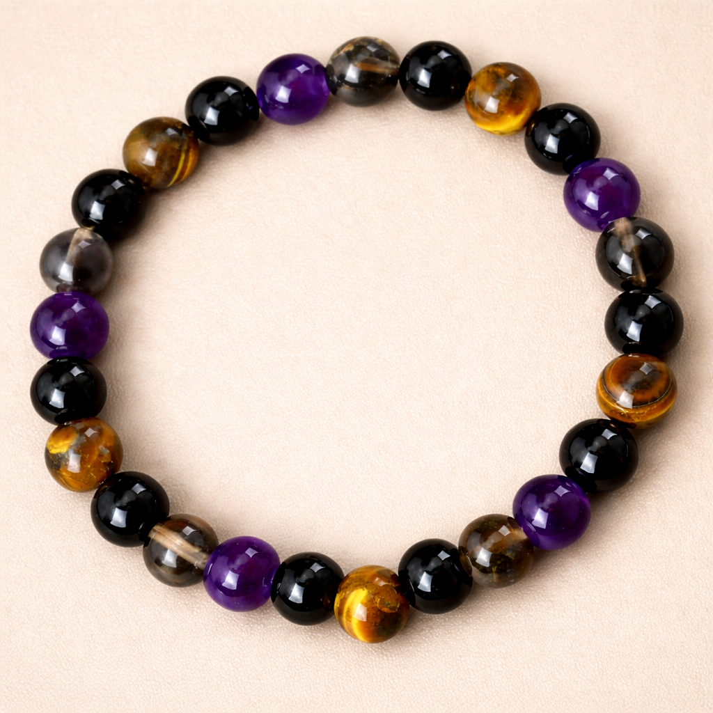 Bracelet Protection – Obsidienne, Améthyste, Œil du Tigre & Quartz Fumé