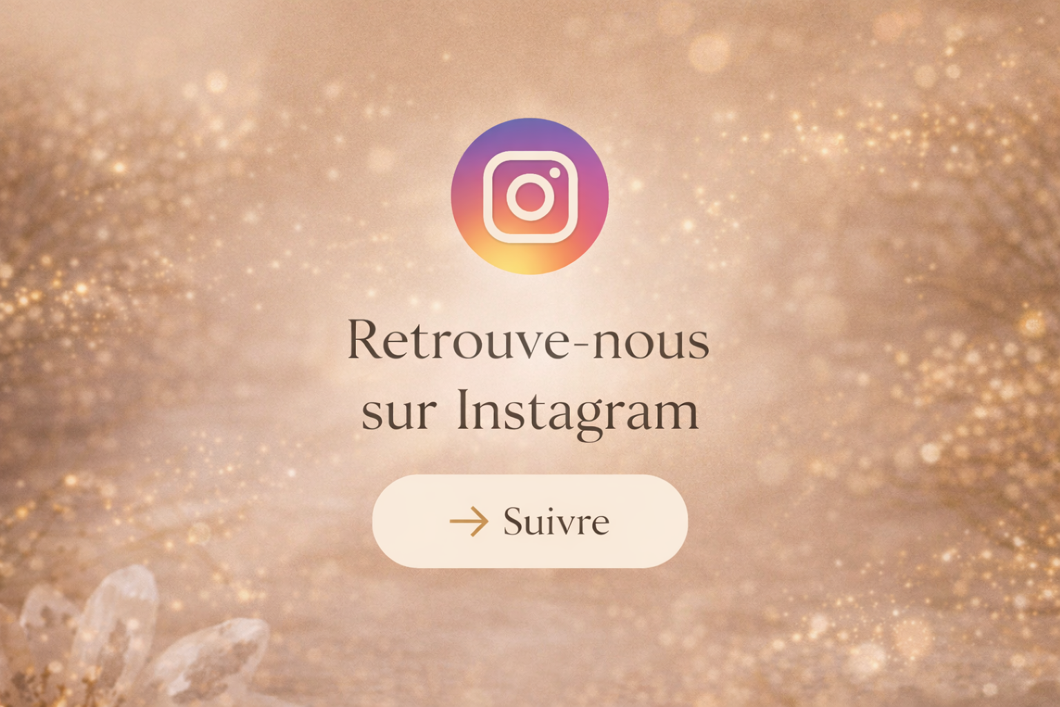 Image promotionnelle invitant à suivre un compte Instagram, avec le logo Instagram au centre, un fond doré avec des éclats de lumière et en bas à gauche, une main humaine. Texte en français 'Retrouve-nous sur Instagram' et un bouton 'Suivre'.