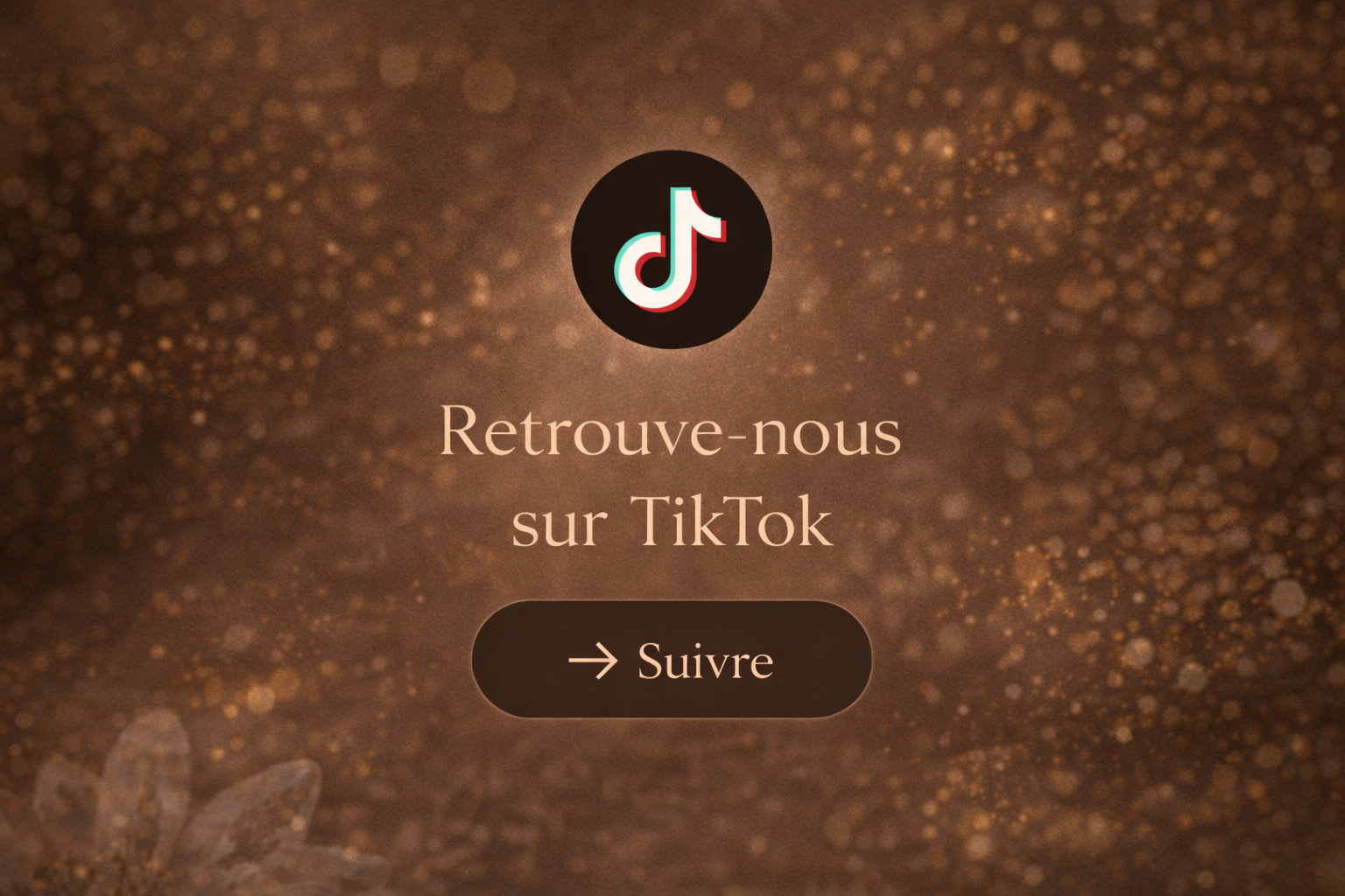 Page promotionnelle de TikTok avec un fond doré scintillant et le logo TikTok au centre, invitant à suivre sur TikTok.