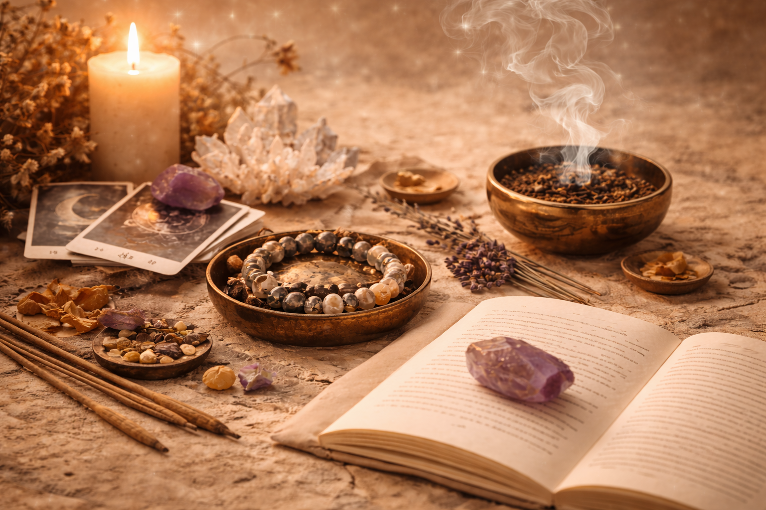 Une table avec des bougies, des cristaux, un livre ouvert, des cartes de tarot, des bijoux en perles, des fleurs séchées, un bâton de sauge, et un bol de fumée de sauge ou d'encens, dans une atmosphère chaleureuse et mystique.