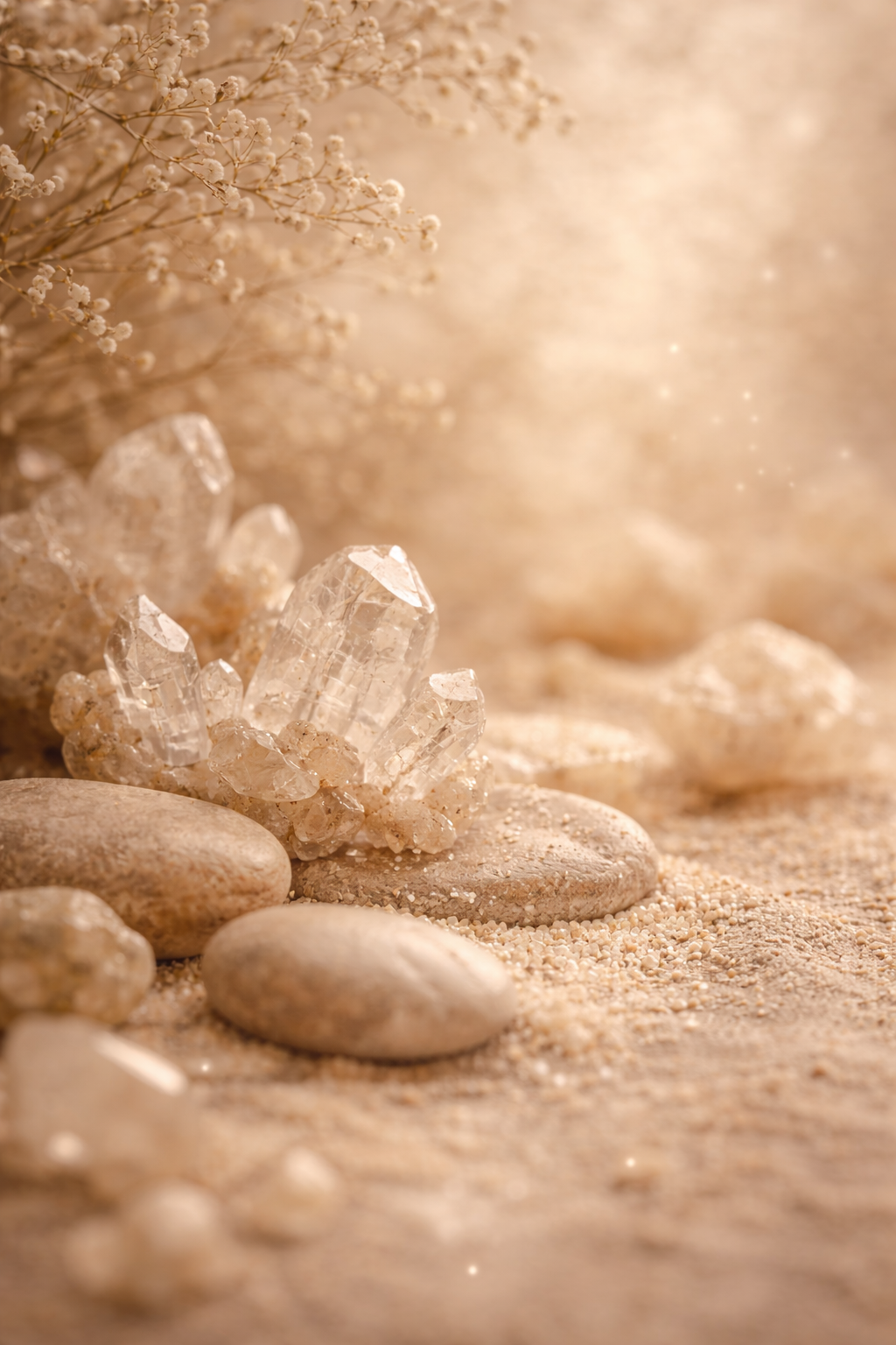 Cristaux de quartz posés sur des galets et du sable, avec des branches de fleurs en arrière-plan dans une ambiance douce et chaleureuse.