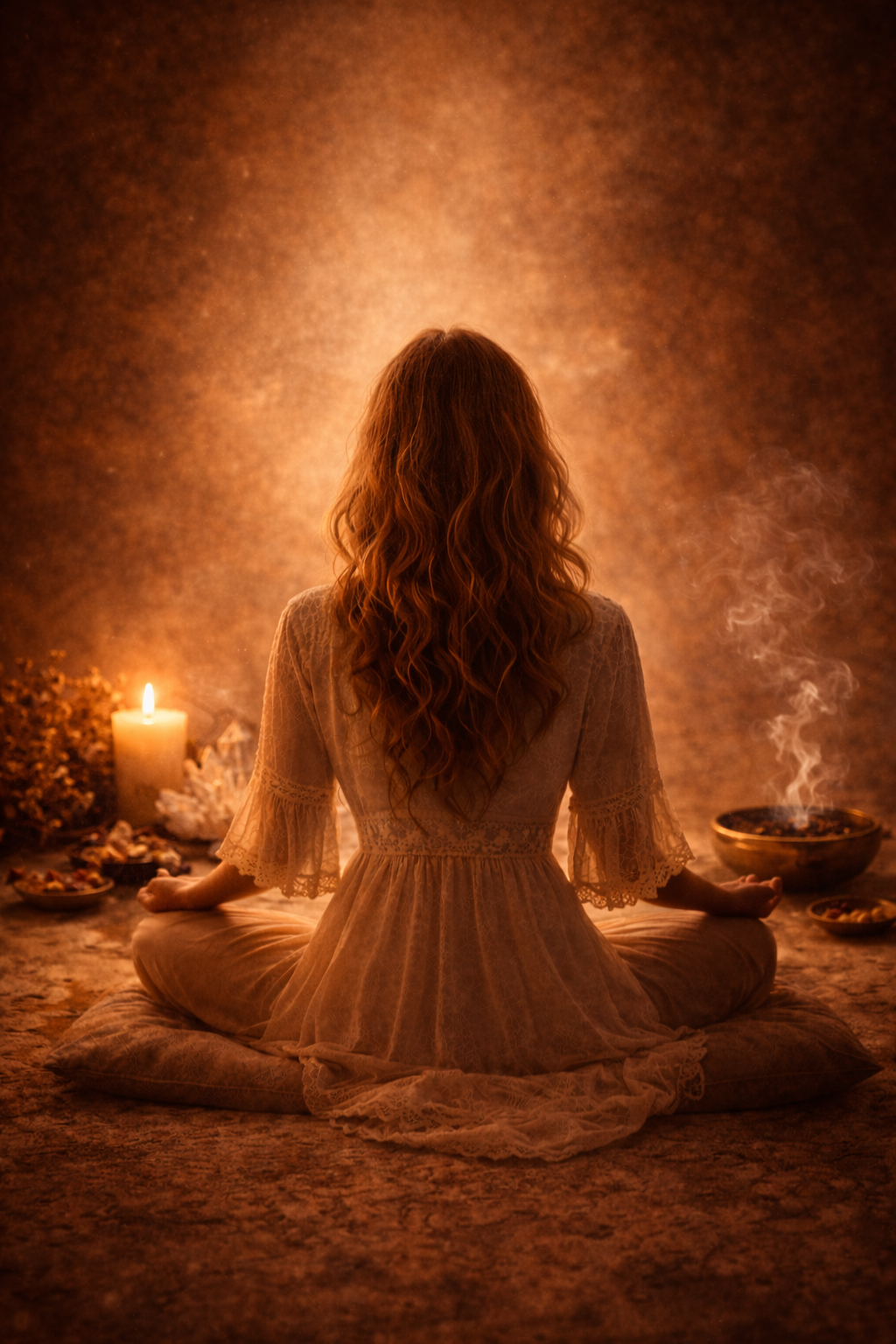 Une femme aux cheveux ondulés rouges assise en méditation dans une pièce tamisée, entourée de bougies et d'encens, avec une atmosphère mystique et apaisante.