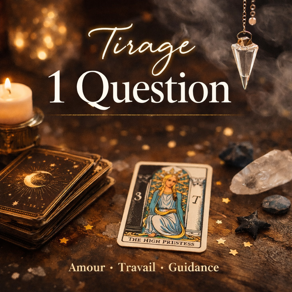Carte de tarot de la prêtresse majeure, bougies, cristaux, étoiles en confettis, et décor spirituel sur une surface sombre; texte en français : "Tirage 1 Question" et mots "Amour - Travail - Guidance".