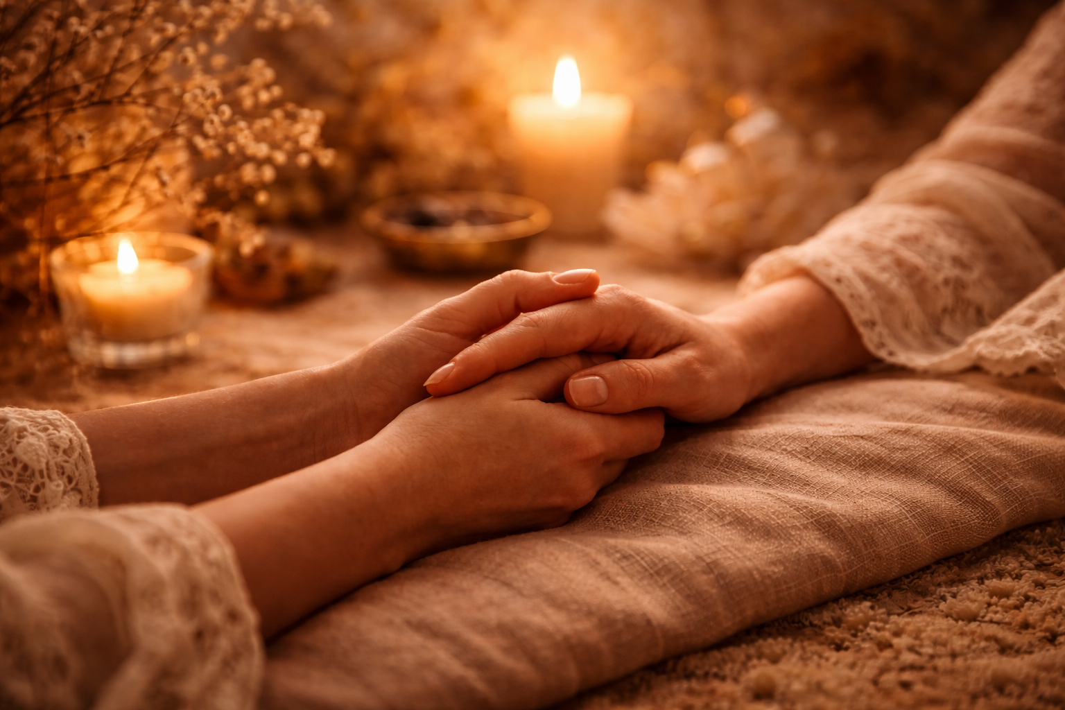 Deux personnes se tiennent par la main dans une atmosphère chaleureuse éclairée par des bougies, avec des fleurs blanches en arrière-plan.